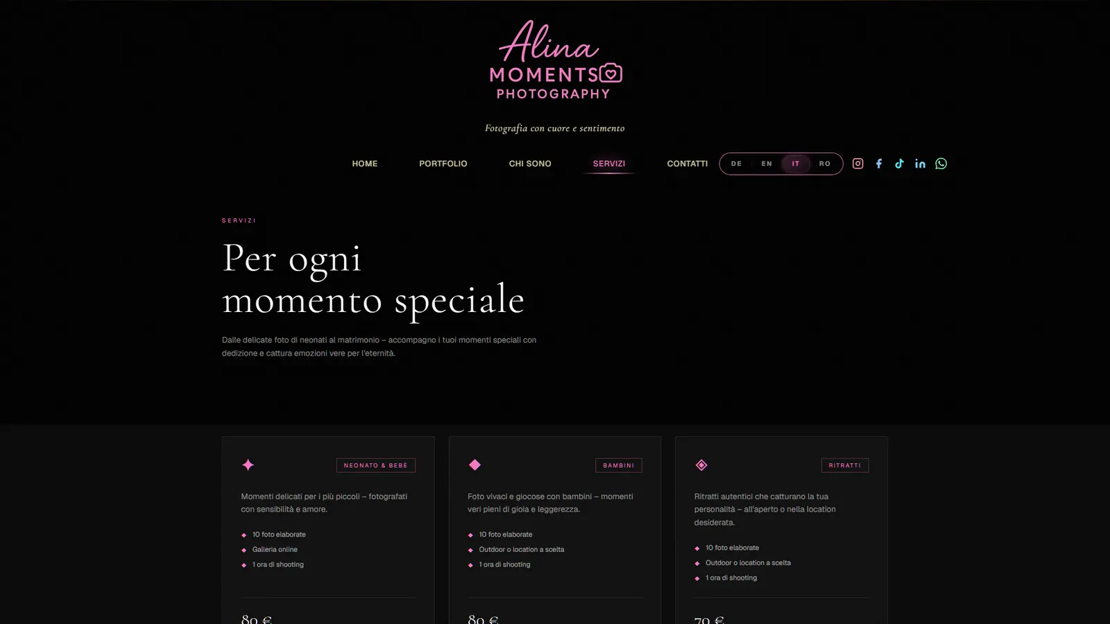 Services page with packages and pricing