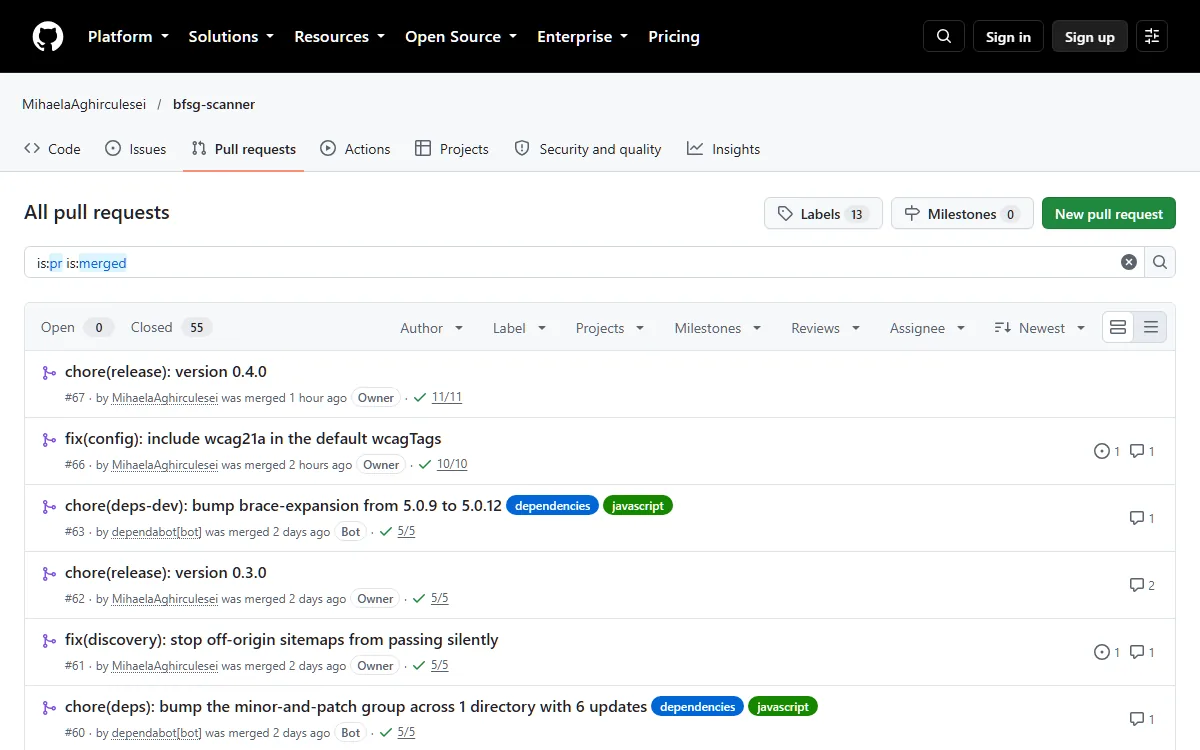 The repository's merged pull requests on GitHub — one concern each, every one with passing CI checks